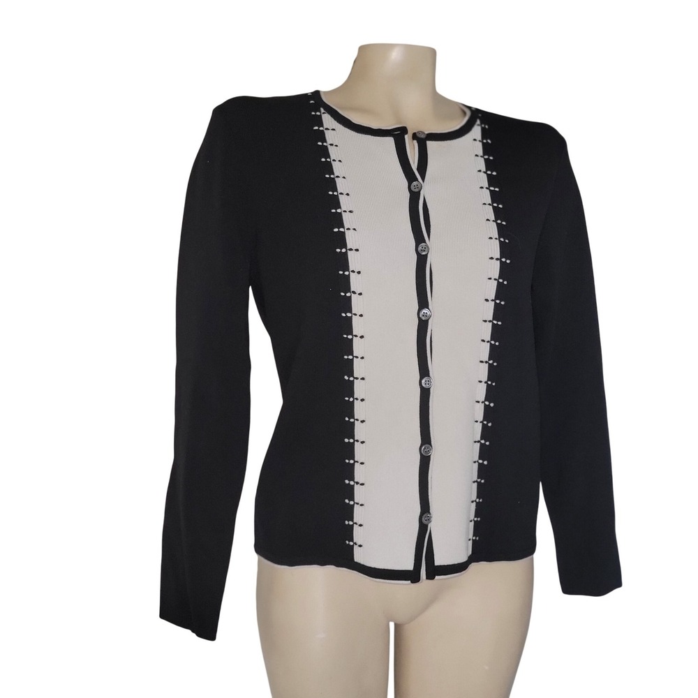 Doncaster Womens Black White‎ Colorblock Embroidered Button Cardigan Sweater M